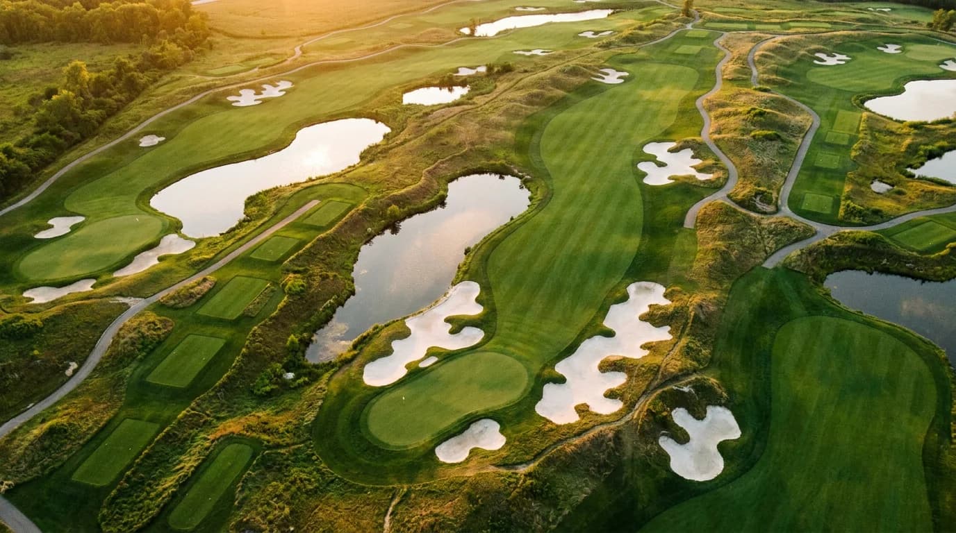 Editorial aerial view of a challenging golf hole with fairways, greens, bunkers, and water hazards