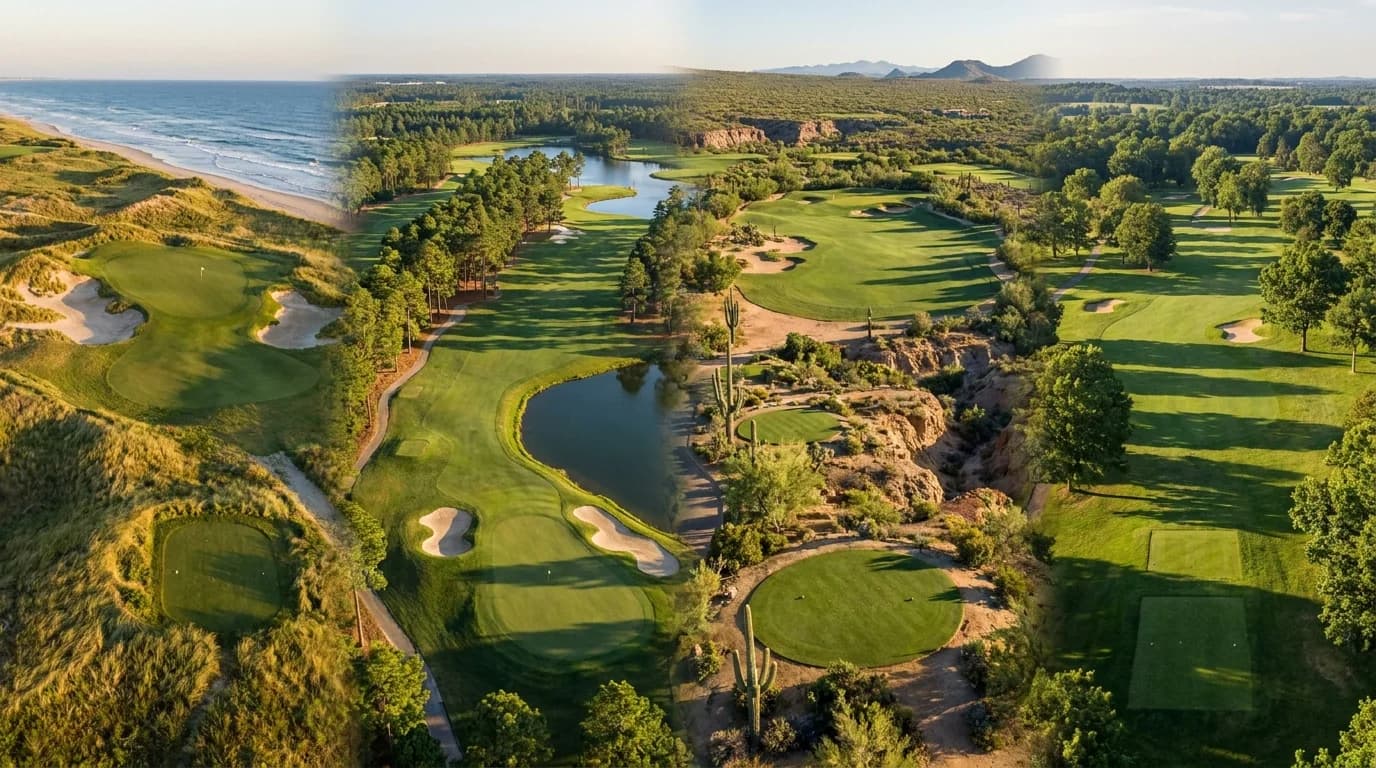 Editorial golf-course landscape combining coastal, pine, desert, and parkland scenery