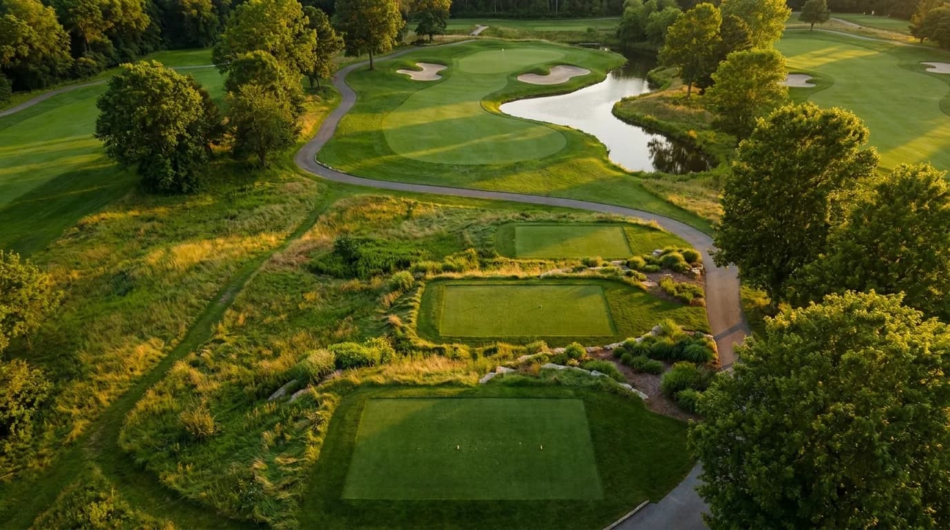 Editorial golf-course composite showing several teeing grounds stepping back from a fairway toward a distant green