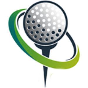 Dalby Golf Club logo: A large silver and white dimpled golf ball outlined in dark navy, resting on a slim navy tee, with a green to lime swoosh spiralling around the ball and sweeping beneath it and a thin navy line curving behind.