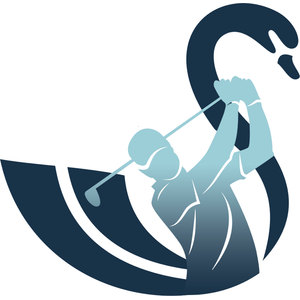 Swansea Golf Course logo: A dark navy swan whose head and long neck curve down in the shape of a letter S, its body enclosing a pale blue golfer seen from the front with both hands gripping a raised club whose shaft angles down across the body to the left, all above a broad navy crescent sweep cut by a white stripe.