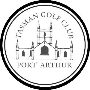Tasman Golf Course logo: A heavy black circular border enclosing a white field, with TASMAN GOLF CLUB arched across the top and PORT ARTHUR across the bottom in dark gray serif capitals, around a fine gray line drawing of a gothic stone church facade with a tall central tower, an arched doorway and window, and a slender pinnacled turret at each corner.