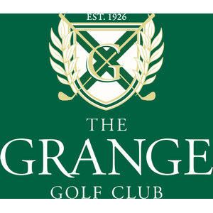 Grange Golf Course logo: On a dark green panel, a cream shield bearing a dark green saltire cross with a large pale gold serif letter G over the crossing, two pale gold golf clubs crossed behind the shield and a pale gold laurel branch on each side, EST. 1926 in pale gold capitals above, over THE GRANGE in large white serif capitals with GOLF CLUB in smaller white capitals beneath.
