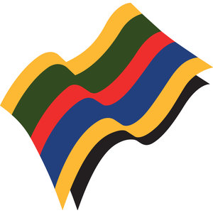 Barwon Heads Golf Course logo: A flag rippling in the wind drawn as six undulating bands stacked one under another - gold, dark green, red, blue, gold and black - the shape tapering to a point at the left and at the bottom, with no lettering.