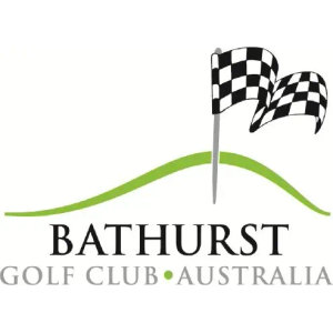 Bathurst Golf Club logo: Two black and white chequered racing flags flying to the right from a grey pole that rises behind a light green curved hill line, above BATHURST in black serif capitals with GOLF CLUB and AUSTRALIA in grey serif capitals separated by a green dot.