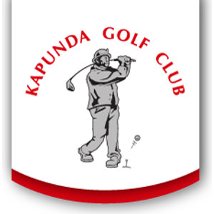 Kapunda Golf Club logo: KAPUNDA GOLF CLUB in red capitals arched across the top of a white panel with a curved base edged by a red band, enclosing a grey line drawing of a golfer in a cap at the top of the backswing beside a ball on a tee.
