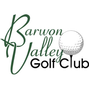 Barwon Valley Golf Course logo: Barwon Valley written in dark green flowing script with large looping capitals, overlapping a grey outlined dimpled golf ball at the right, above Golf Club in black rounded sans-serif lettering.
