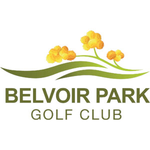 Belvoir Park Golf Course logo: Three sprays of round fluffy yellow and orange wattle blossom on slender green stems above two sweeping olive and pale green curved bands, over BELVOIR PARK in bold olive green capitals with GOLF CLUB in lighter green capitals beneath.