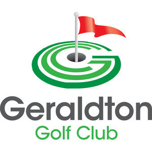 Geraldton Golf Club logo: A green letter G formed from concentric ellipses like a putting green seen in perspective, with a dark hole at its centre and a red flag on a white pin rising from it, above Geraldton in dark grey and Golf Club in green rounded lettering.