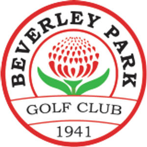 Beverley Park Golf Club logo: A circular badge ringed in red with BEVERLEY PARK arched around the top in black capitals and GOLF CLUB and the year 1941 in bands below, enclosing a red waratah flower head with two green leaves curving up beneath it inside a thin red inner ring.