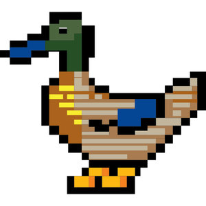 Little Para Golf Course logo: A blocky pixel-art mallard duck in profile facing left, with a dark green head, a blue bill, a brown and tan barred body flecked with yellow, a blue wing patch and yellow and orange webbed feet, drawn with a heavy black outline.
