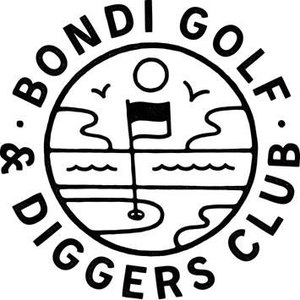 Bondi Golf Course logo: A circular black line-art badge lettered BONDI GOLF around the top and DIGGERS CLUB around the bottom in capitals, enclosing a scene of a flag on a flagstick standing on a green, a round sun, two small flying birds, wavy sea lines and a curving coastline.