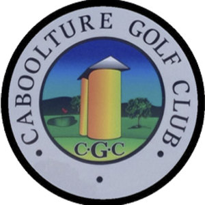 Caboolture Golf Club logo: A round badge with a thick black rim and a pale grey ring lettered CABOOLTURE GOLF CLUB in black capitals with three small black dots along the bottom, enclosing a painted scene of two yellow cylindrical silos with a silver conical roof against a deep blue sky, dark hills, a green fairway with a small red flag on a putting green at the left and a tree at the right, with C-G-C in black capitals across the bottom of the scene.
