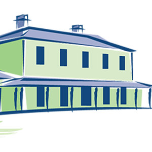 Antill Park Country Golf Club logo: A loosely drawn two-storey colonial homestead seen from an angle, with pale green weatherboard walls, dark navy windows, doors and verandah posts, two chimneys and a wide verandah beneath a blue-grey and white hipped roof, the building running off the left edge of the frame.