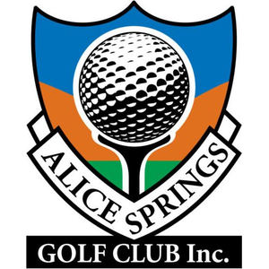 Alice Springs Golf Club logo: A black-edged shield with a blue upper field, an orange band and a green base, carrying a large black and white dimpled golf ball on a white tee, crossed by a white ribbon banner lettered ALICE SPRINGS in black serif capitals, above a black bar lettered GOLF CLUB Inc. in white.