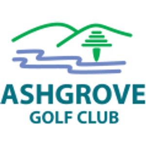 Ashgrove Golf Club logo: Two green outlined hills with a green stylised tree of stacked horizontal branches on a tapering trunk rising over the right-hand hill, above three wavy periwinkle-blue water lines, with ASHGROVE in bold teal capitals and GOLF CLUB in smaller teal capitals beneath.
