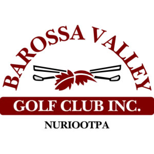 Barossa Valley Golf Club logo: BAROSSA VALLEY arched in dark red serif capitals over two crossed white and grey golf clubs behind a dark red grape vine leaf, above a dark red bar lettered GOLF CLUB INC. in white serif capitals with NURIOOTPA in smaller black serif capitals underneath.