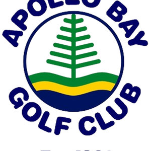 Apollo Bay Golf Club logo: A navy ring enclosing a green Norfolk pine with tiered horizontal branches standing on a green headland above a yellow beach and a navy sea, with APOLLO BAY arched above and GOLF CLUB curved below in heavy navy capitals.