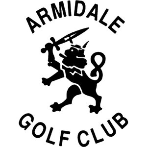 Armidale Golf Club logo: A black rampant lion facing left wearing a small crown and holding a raised sword in its foreleg, its tail looped behind, with ARMIDALE arched above and GOLF CLUB curved below in black capitals.