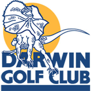 Darwin Golf Course logo: A frilled-neck lizard drawn in navy outline on white with its neck frill spread wide and a long tail curling to the right, standing in front of a large yellow-orange sun disc, overlapping DARWIN GOLF CLUB in bold navy capitals above a navy bar.