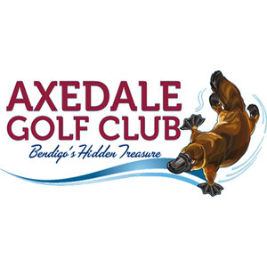 Axedale Golf Course logo: A brown platypus with a black bill and black webbed feet diving to the left through pale blue motion swirls above a blue and white wave, beside AXEDALE GOLF CLUB in dark red slab capitals with Bendigo's Hidden Treasure in blue italic script underneath.