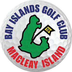Bay Islands Golf Club logo: A dimpled white golf ball filling the disc, carrying a green black-outlined silhouette map of Macleay Island and a black flagstick flying a yellow pennant numbered 19 in black, ringed by BAY ISLANDS GOLF CLUB in navy capitals above and MACLEAY ISLAND in red capitals below.