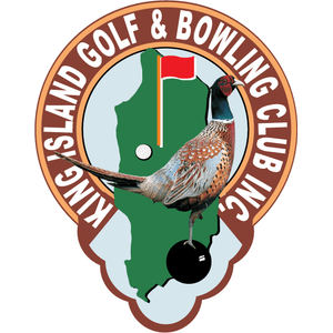 King Island Golf & Bowling Club logo: A brown ring lettered KING ISLAND GOLF & BOWLING CLUB INC. in white capitals, enclosing a green silhouette map of King Island on pale blue with a red flag on a yellow flagstick, a white golf ball on a putting green and a black bowling ball, with a ring-necked pheasant with a dark green head, red face and copper plumage standing in front.