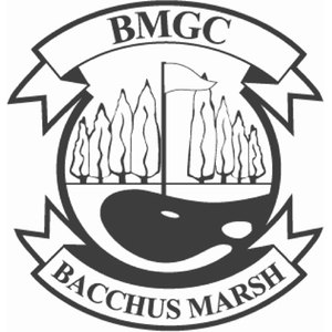 Bacchus Marsh Golf Club logo: A black and white circular badge showing a row of tall poplar trees and a flagstick with a fluttering flag above a dark kidney-shaped putting green with a white golf ball, framed by a ribbon banner lettered BMGC above and a ribbon banner lettered BACCHUS MARSH below.