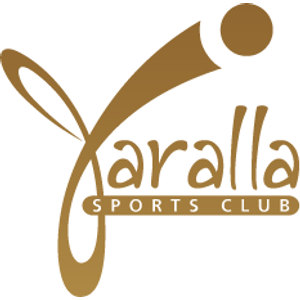 Gladstone Golf Club (Yaralla Golf Course) logo: A broad tapering brown-gold swoosh sweeping up to the right beneath a separate solid brown-gold disc, with a thin looping line curling below it on the left, above the word Yaralla in flowing brown-gold script and SPORTS CLUB in white spaced capitals on a brown-gold bar across the base of the lettering.