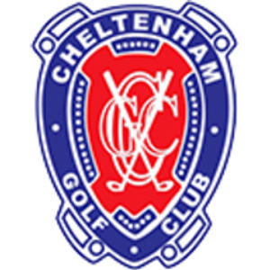 Cheltenham Golf Club logo: A deep royal blue badge shaped like a rounded shield with a beaded border and scrolled bars at top and bottom, lettered CHELTENHAM in white capitals across the top and GOLF and CLUB in white capitals up the lower left and lower right sides, enclosing a red inner shield carrying an interlocking white script C, G and C monogram over two crossed white golf clubs.