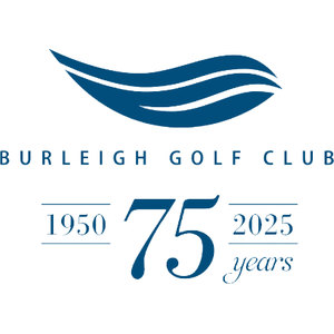 Gold Coast Burleigh Golf Club logo: A navy blue stylised wave built from three tapering curved bands separated by white slivers, above BURLEIGH GOLF CLUB in widely spaced navy capitals, with a large navy serif 75 flanked by the years 1950 and 2025 on ruled lines and the word years in navy script beneath.