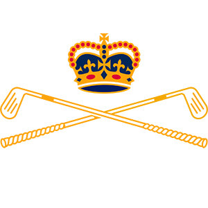 Royal Adelaide Golf Course logo: A royal crown with gold arches studded with round red jewels, navy panels bearing gold fleurs-de-lis, a gold band set with red oval jewels and a navy cap below, topped by a small gold cross, above two crossed gold line-art golf clubs with rope-hatched grips and hatched clubfaces.