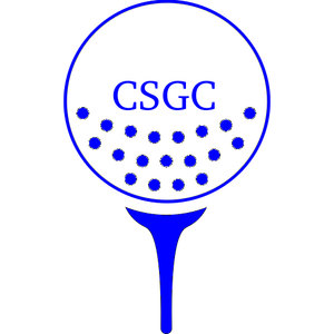 Clifton Springs Golf Course logo: A blue outlined golf ball sitting on a tall solid blue tee, with the letters CSGC in blue serif capitals across its upper half and a curved cluster of blue dimple dots below them.