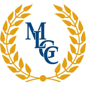 Mount Lawley Golf Club logo: A gold laurel wreath of two leafy branches curving up on either side and crossing at the base behind a small gold disc, encircling an interlocking navy blue serif monogram of the letters M, L, G and C.