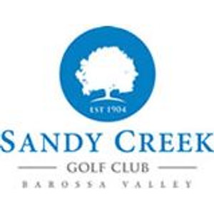 Sandy Creek Golf Club logo: A blue disc holding a white broad-canopied tree above a small white ground line, with EST 1904 in white capitals beneath it, over SANDY CREEK in blue serif capitals, GOLF CLUB in smaller grey capitals between two grey rules, and BAROSSA VALLEY in spaced grey capitals.