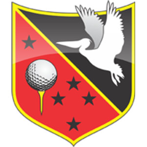South Lakes Golf Club logo: A yellow-bordered shield split diagonally, dark grey to black in the upper right with a white pelican in flight with outstretched wings and a long hooked bill, and red in the lower left with a white dimpled golf ball on a yellow tee, one black star high in the red corner and four more black stars grouped as a cross below it.