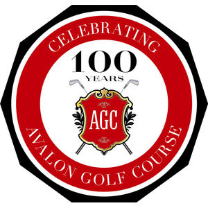 Avalon Golf Course logo: A black ten-sided polygonal frame around a red ring lettered CELEBRATING in white across the top and AVALON GOLF COURSE in white across the bottom, enclosing a white disc holding a black serif 100 above the word YEARS, over two crossed silver irons behind a gold-edged red shield bearing the white letters AGC, flanked by small black leaf sprays.