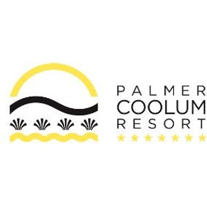 Beachside Championship Golf Course logo: A yellow semicircular sun arc above a thick black S-curved wave, with four small black palm-frond bursts and a yellow wavy line beneath, beside the words PALMER COOLUM RESORT stacked in widely spaced black capitals over a row of seven small gold stars.