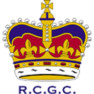 Royal Canberra Golf Club logo: A gold royal crown with a violet-purple cap bearing crimson fleur-de-lis, a jewelled gold band set with dark red stones and white pearls, a white ermine base marked with black tails, a rim ringed with pearl-tipped points and a small gold cross rising from the top, above the navy sans-serif capitals R.C.G.C. separated by full stops.