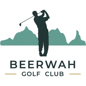 Beerwah Golf Club logo: A dark slate-green silhouette of a golfer at the finish of a full swing, head raised and hands high with the club shaft angled down behind him, standing in front of a row of rounded sage-green peaks, above the word BEERWAH in large dark green capitals and GOLF CLUB in smaller capitals flanked by two short tan dashes.