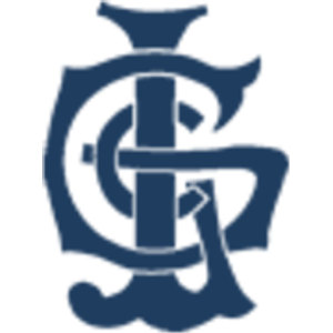 Launceston Golf Course logo: An ornate navy monogram of three interlaced letters L, G and C, with a heavy upright stem flaring into scrolled serifs at the top and a wavy scrolled foot at the base, a thin open ring forming the C inside it, and a large decorative G wrapping around the outside with a spurred crossbar to the right.