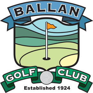 Ballan Golf Course logo: A black-outlined shield of layered dark, mid and light green fairway bands under a pale blue sky, with a white flagstick flying an orange pennant standing in a black hole on a pale green putting surface beside a cream bunker, beneath a light blue ribbon banner lettered BALLAN in black and above a dark green ribbon lettered GOLF and CLUB in white split by a grey dimpled golf ball, with Established 1924 in bold black lettering underneath.