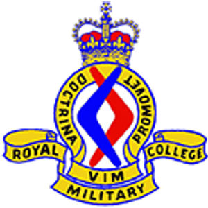 Royal Military College Golf Club logo: A gold crown with a red cap and blue-outlined arches above a gold ring lettered DOCTRINA down the left and PROMOVET down the right in dark capitals, enclosing an interlaced blue and red ribbon knot on white, with gold scrolls lettered ROYAL at the left and COLLEGE at the right and VIM above MILITARY across the base.