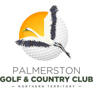 Palmerston Golf Course logo: A long-necked white bird in flight with dark slate outstretched wings, a long pale bill tipped green and long black legs trailing behind, crossing a large white dimpled golf ball backed by an orange and yellow sun disc, above PALMERSTON in thin dark grey capitals, GOLF & COUNTRY CLUB in bold dark green capitals, and NORTHERN TERRITORY in small grey capitals between two short dashes.