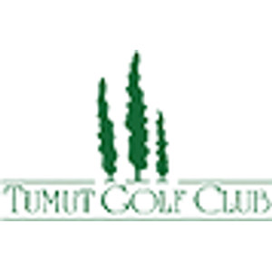 Tumut Golf Course logo: Three tall narrow green conifers of differing heights standing on a thin green rule, above the words TUMUT GOLF CLUB in outlined green serif capitals.