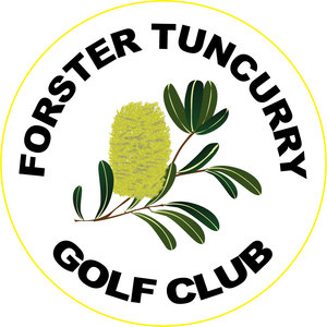 Tuncurry Golf Course logo: A yellow-green banksia flower cone with dark green cream-veined leaves on a brown stem, inside a thin yellow ring, with FORSTER TUNCURRY arched above and GOLF CLUB curved below in heavy black capitals.