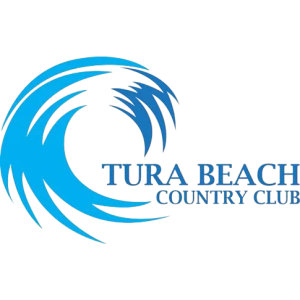 Tura Beach Country Club logo: A curling breaking wave drawn as feathered strokes in cyan and darker blue, to the left of TURA BEACH in navy serif capitals above COUNTRY CLUB in smaller spaced blue serif capitals.