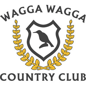 Wagga Wagga Country Club logo: A dark grey outlined shield with a white field carrying a dark grey bird silhouette with a long straight beak and a long pointed tail, perched in profile facing left on a curved twig, flanked by two curving gold laurel branches that cross below, with WAGGA WAGGA arched above and COUNTRY CLUB in spaced dark grey capitals beneath.