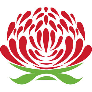Waratah Golf Club logo: A red waratah flower head built from tapered petal shapes radiating from a domed centre with a small pointed bud at its apex, above a broad sweeping green leaf whose tips curl outward at each side and a small green leaf below the centre.