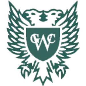 Wollongong Golf Club logo: A dark green crest of two mirrored birds with large spread feathered wings and crested heads meeting at the top, over a solid green shield carrying the interlocked white script letters G, W and C with the W largest at the centre, above fanned pointed tail feathers.
